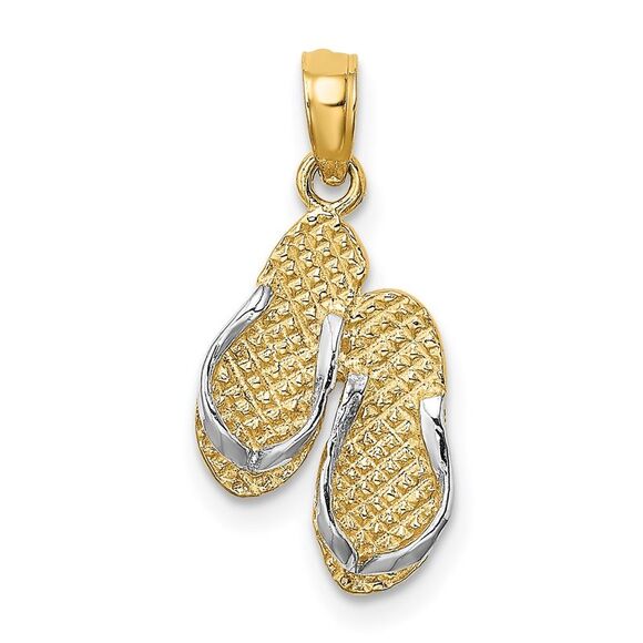 14k Yellow Gold with White Rhodium 3D SANIBEL ISLAND Double Flip Flop Charm